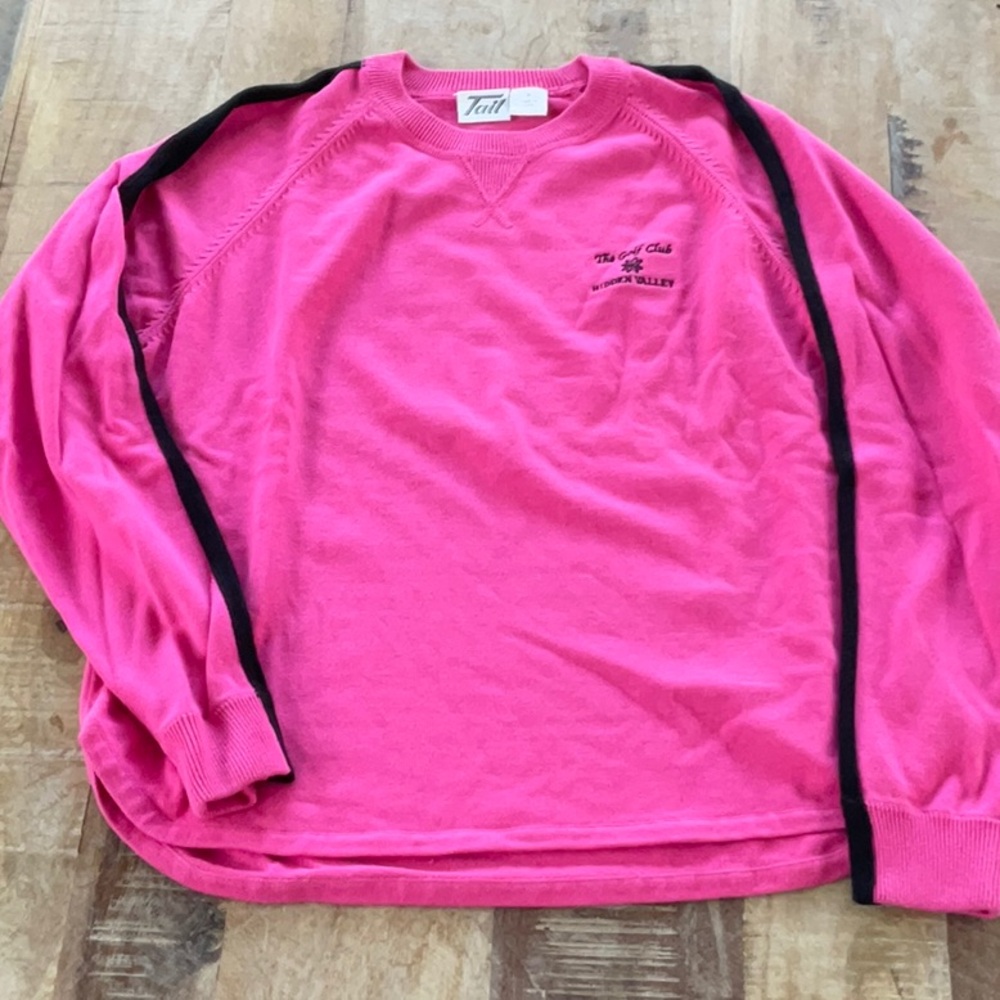 Tail Pink golf Crewneck ladies golf Sweater with Black Shoulder Stripes. Size S